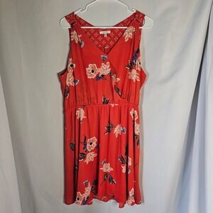 Maurices Red Floral V Neck Wrap Waist Midi‎ Dress XL